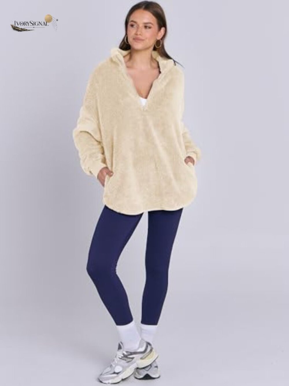 Women's Fuzzy Sherpa Fleece Quarter Zip Pullover Sweatshirt Oversized